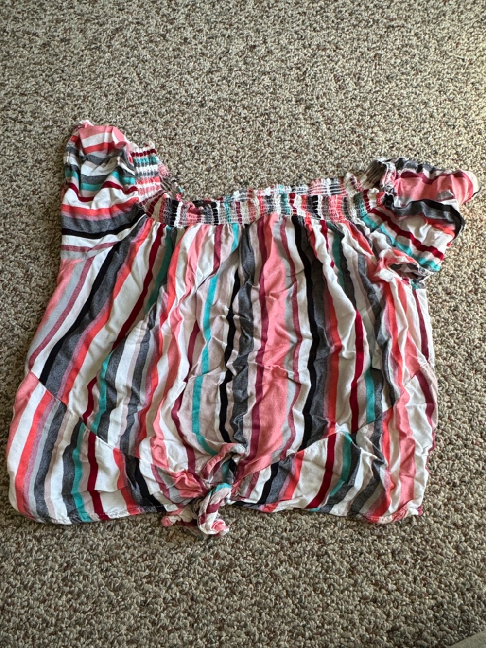 Striped Off-Shoulder Tie-Front Top in Coral, Teal, Black & White